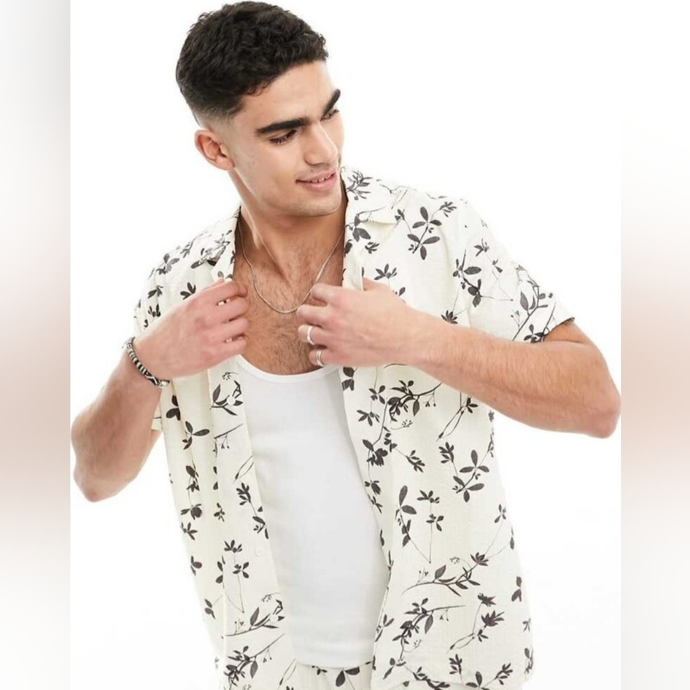 ASOS‎ DESIGN co-ord relaxed revere seersucker floral shirt in white